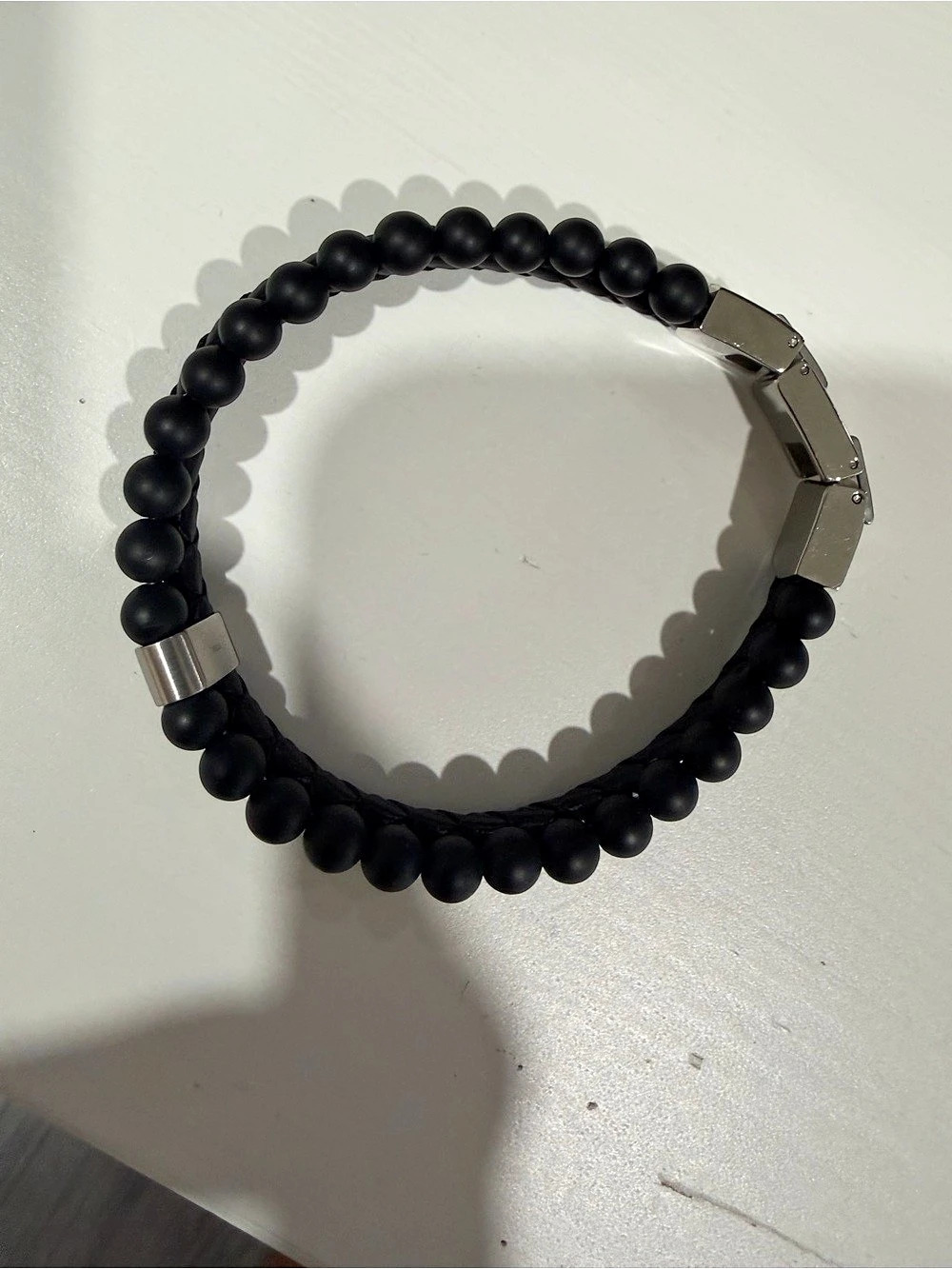 Fossil Beads Black Leather Multi-Strand Bracelet Black & Silver